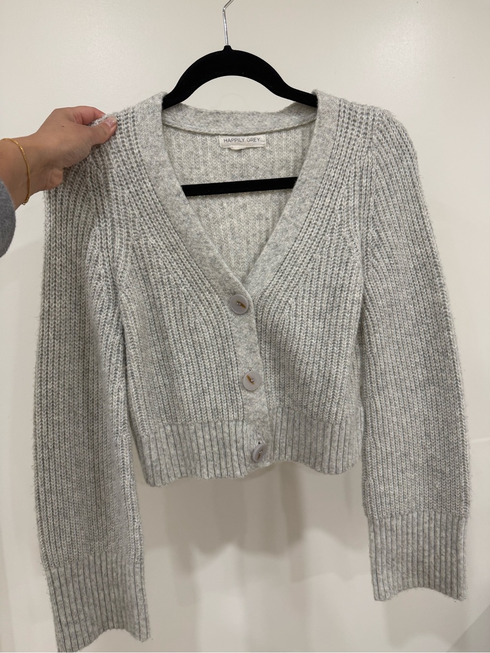 Happily Grey Light Gray V-Neck Button Front Cropped Cardigan